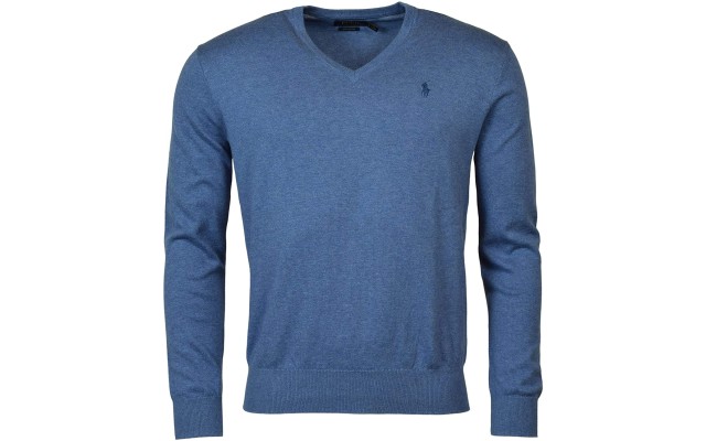Ralph Lauren Mens Pima Cotton V-Neck Sweater (Blue Heather, XL)