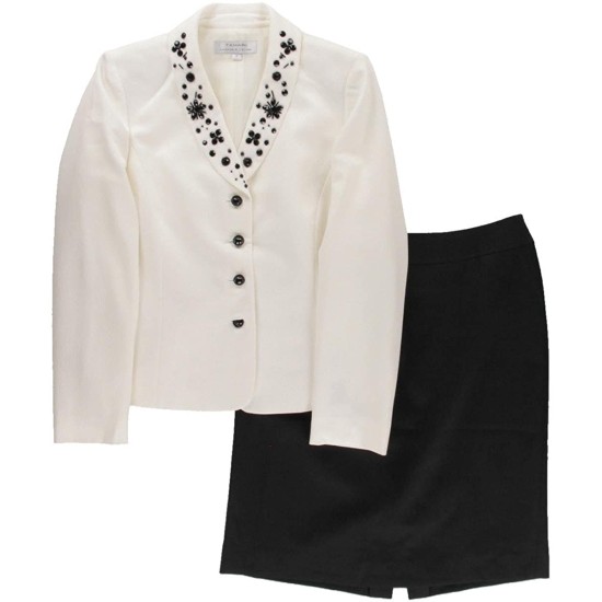  Kyle Crepe Embellished Neck Skirt Suit (Ivory White/Black, 8)