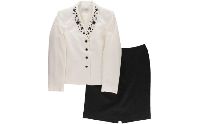  Kyle Crepe Embellished Neck Skirt Suit (Ivory White/Black, 8)