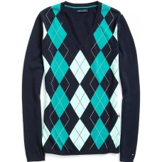 Tommy Hilfiger Women Classic Argyle Sweater (Navy, Medium)