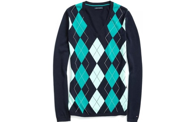  Women Classic Argyle Sweater (Navy, Medium)