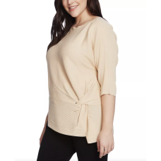 Vince Camuto Plus Size Side-Twist Ribbed Sweater (Beige, 1X)