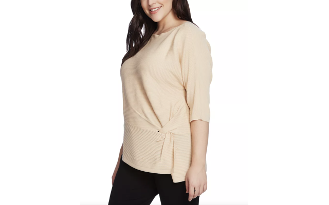  Plus Size Side-Twist Ribbed Sweater (Beige, 1X)