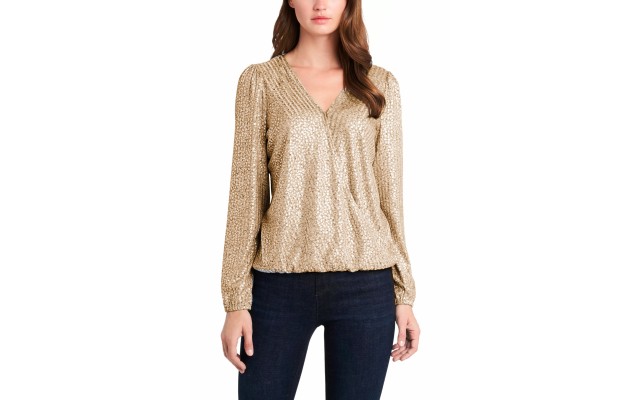  Women’s Fold-over Front Foil Ribbed Jersey Top, Gold, X-Large