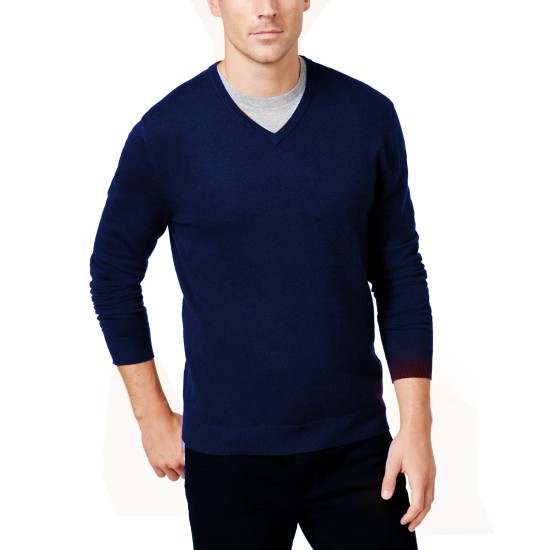  Men’s Solid V-Neck Cotton Sweater (Navy, Small)
