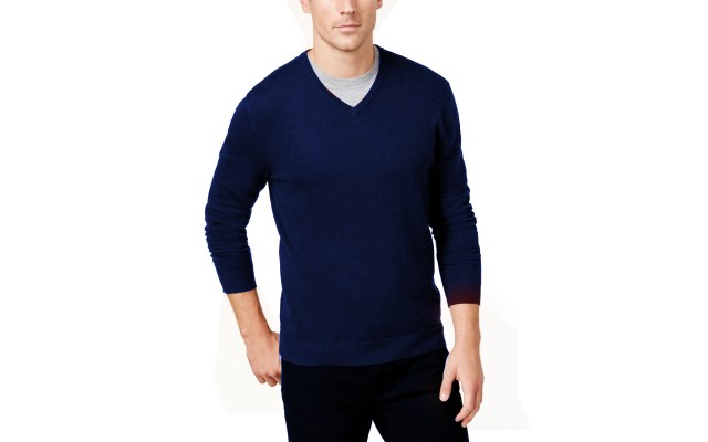  Men’s Solid V-Neck Cotton Sweater (Navy, Small)