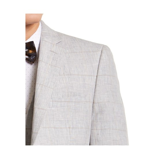  Men’s Slim-Fit Gray Plaid Linen Suit Jacket