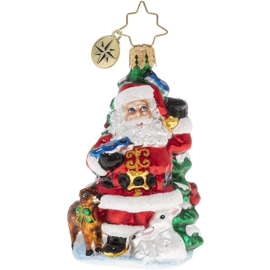  Hand-Crafted European Glass Christmas Ornament, Santa’s Menagerie of Friends Gem