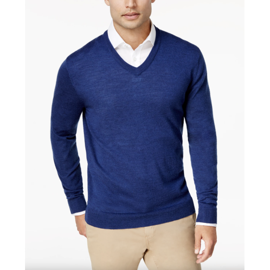  Men’s Solid V-Neck Merino Wool Blend Sweater (Navy, S)