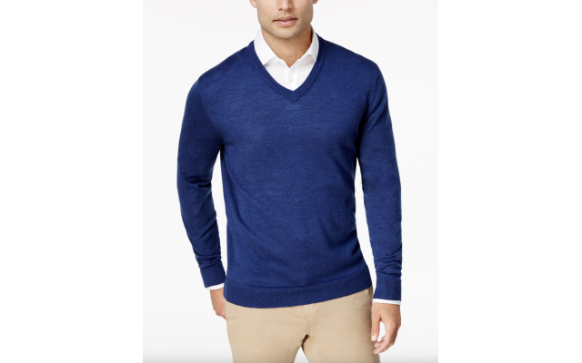  Men’s Solid V-Neck Merino Wool Blend Sweater (Navy, S)