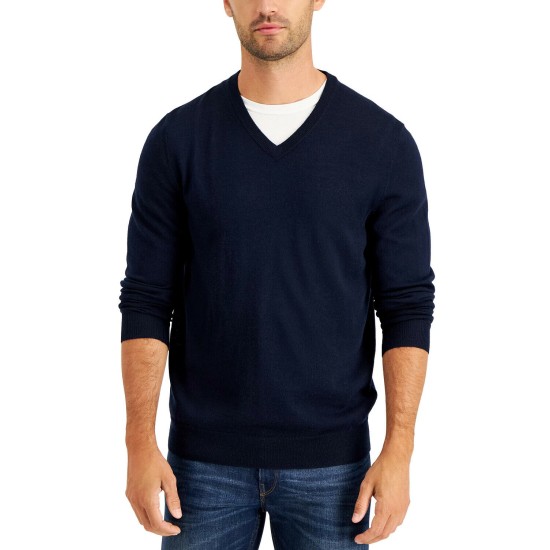 Club Room Men's Solid V-Neck Merino Wool Blend Sweater, Dark Blue, XX-Large