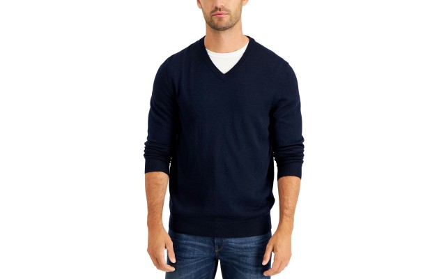 Club Room Men's Solid V-Neck Merino Wool Blend Sweater, Dark Blue, XX-Large
