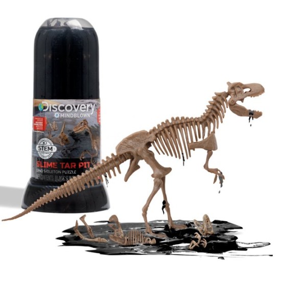 Discovery Mindblown Toy Dino Skeleton Tar Pit Model Uncover Bones in Slime Tube, DIY 10-Piece Velociraptor Puzzle