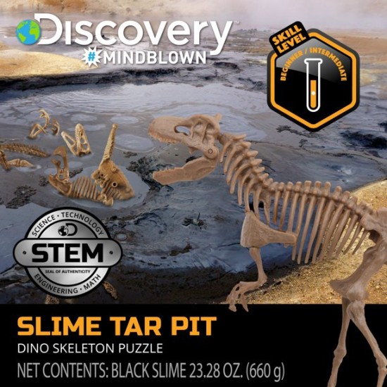 Discovery Mindblown Toy Dino Skeleton Tar Pit Model Uncover Bones in Slime Tube, DIY 10-Piece Velociraptor Puzzle