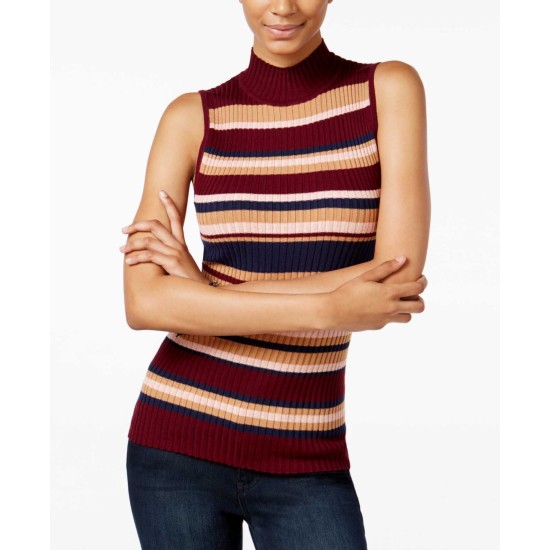  Juniors’ Ribbed Mock-Neck Sweater, Striped Burgundy, Large