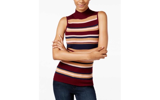  Juniors’ Ribbed Mock-Neck Sweater, Striped Burgundy, Large