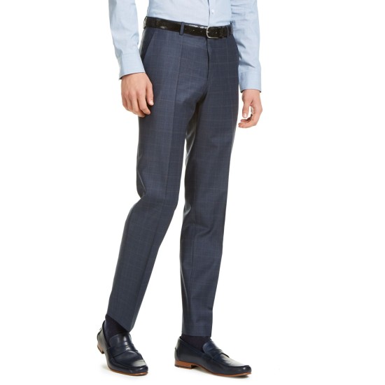  Men’s Modern-Fit Dark Blue/Rust Plaid Suit Pants