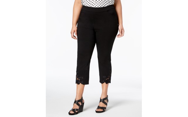  Women's Plus Lace-hem Cropped Pants, Black, 14W