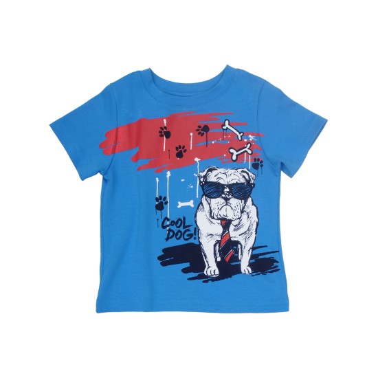  Boys Cool Dog Graphic Printed Peruvian Cotton T-shirt – Short Sleeve, Crewneck, Cobalt, 2