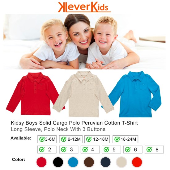 Boys Solid Cargo Polo Peruvian Cotton T-Shirt – Long Sleeve, Polo Neck With 3 Buttons, Oatmeal Heather, 4