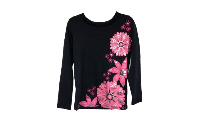  Girls Flowers Graphic Printed Peruvian Cotton T-Shirt – Long Sleeve, Frill Crewneck, Winters Nights, 2