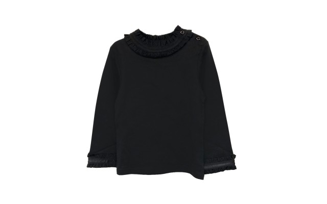  Girls Frilled Neck And Cuffs Peruvian Cotton T-Shirt – Long Sleeve, Crewneck, Black, 3