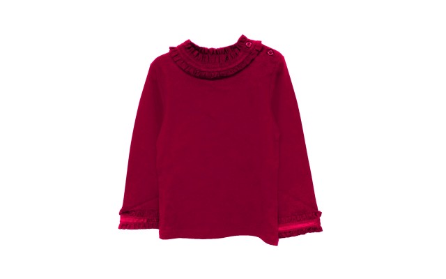  Girls Frilled Neck And Cuffs Peruvian Cotton T-Shirt – Long Sleeve, Crewneck, Magenta, 3