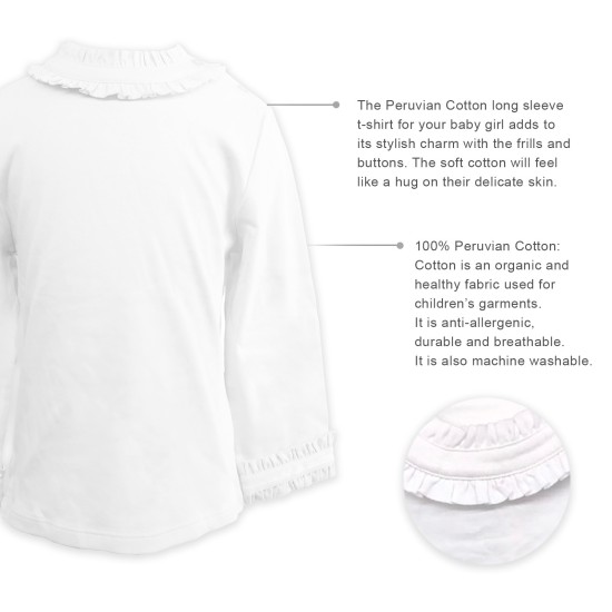 Girls Frilled Neck And Cuffs Peruvian Cotton T-Shirt – Long Sleeve, Crewneck, Snow, 8