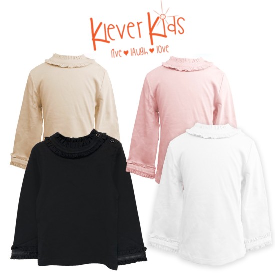  Girls Frilled Neck And Cuffs Peruvian Cotton T-Shirt – Long Sleeve, Crewneck, Snow, 8