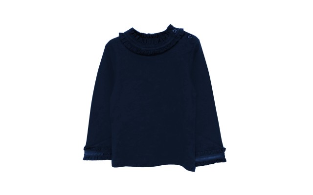  Girls Frilled Neck And Cuffs Peruvian Cotton T-Shirt – Long Sleeve, Crewneck, Winters Night, 8