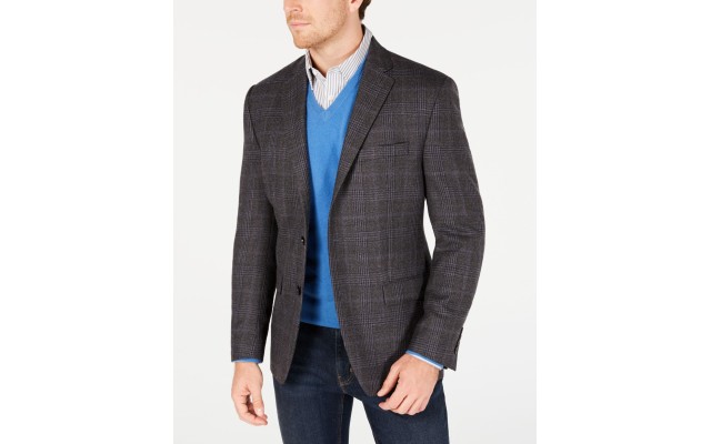  Mens Blazer Plaid Printed Wool, Dark Gray, 42S