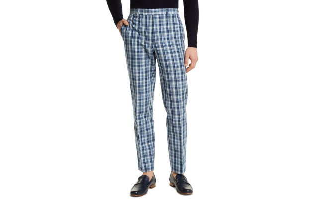  Mens Classic-fit Blue Plaid Dress Pants