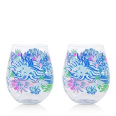 Lilly Pulitzer Blue Acrylic Stemless Wine Glass Set of 2, 16 Ounces, High Manetenance