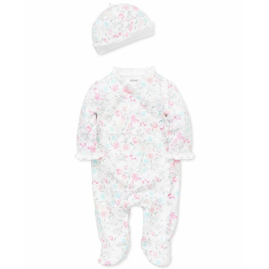 Little Me Baby Girls 2-Pc. Cotton Watercolor Floral-Print Hat & Footed Coverall