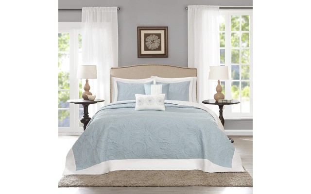 Ashbury 5-Piece Quilted Queen Bedspread Set (Blue, Oversized Queen)