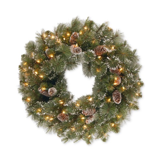  24″ Glittery Pine Wreath With Snow-Tipped Pine Cones & 50 Clear Lights