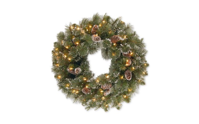  24″ Glittery Pine Wreath With Snow-Tipped Pine Cones & 50 Clear Lights