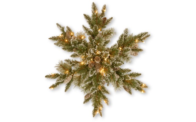  32″ Glittery Bristle Pine Snowflake with 21 White Tipped Cones & 50 Warm White Battery Operated LED Lights