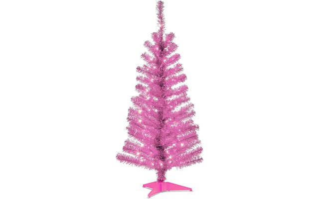  4′ Pink Tinsel Tree with Plastic Stand & 70 Clear Lights