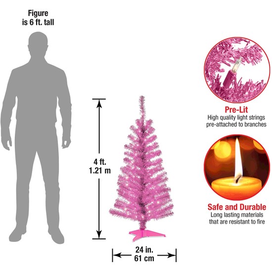  4′ Pink Tinsel Tree with Plastic Stand & 70 Clear Lights