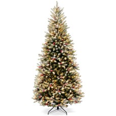 National Tree Company 7.5′ Dunhill Fir Slim Hinged Tree with Snow, Red Berries, Cones & 600 Clear Lights