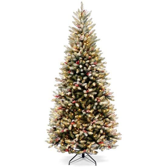  Company 7.5′ Dunhill Fir Slim Hinged Tree with Snow, Red Berries, Cones & 600 Clear Lights