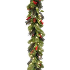 National Tree Company 9 Crestwood Spruce Silver Bristle Garland With Pine Cones Berries, Glitter & 50 Clear Lights