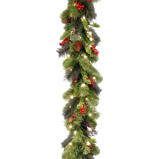  9′ Crestwood Spruce Silver Bristle Garland With Pine Cones Berries, Glitter & 50 Clear Lights