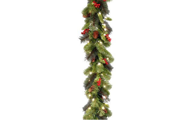  9 Crestwood Spruce Silver Bristle Garland With Pine Cones Berries, Glitter & 50 Clear Lights