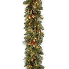 National Tree Company 9′ x 10″ Carolina Pine Garland with 27 Flocked Cones and 100 Clear Lights