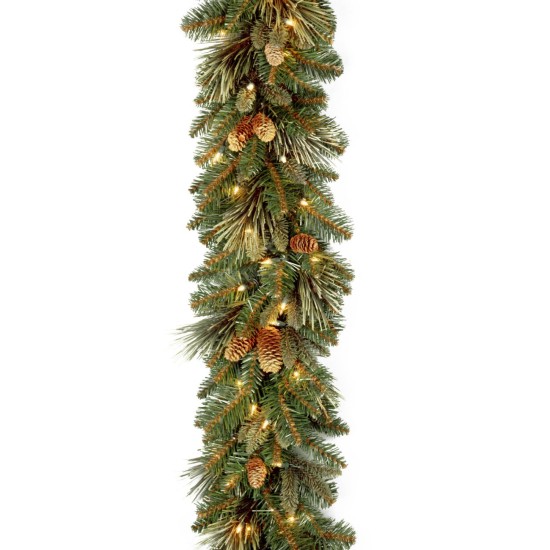  Company 9′ x 10″ Carolina Pine Garland with 27 Flocked Cones and 100 Clear Lights