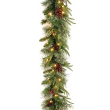 National Tree Company ‘Feel Real lit Artificial Christmas Garland Flocked with Mixed Decorations and Pre-Strung White Lights, 9 ft, Colonial