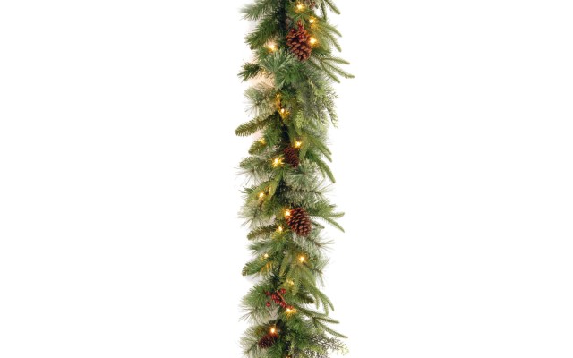  Company ‘Feel Real lit Artificial Christmas Garland Flocked with Mixed Decorations and Pre-Strung White Lights, 9 ft, Colonial