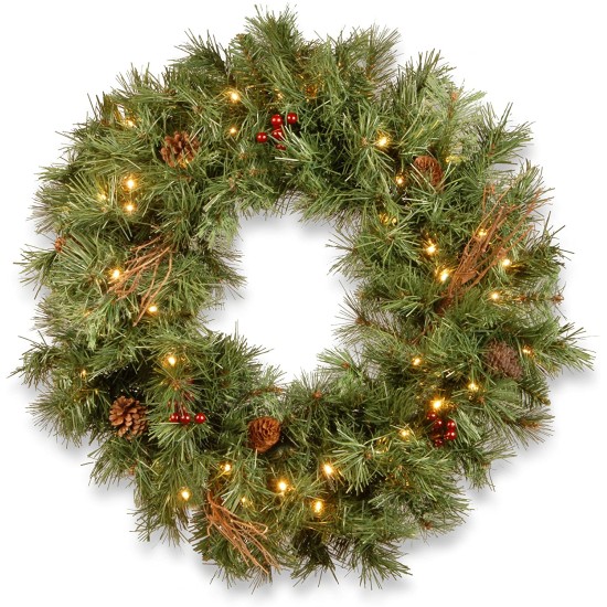  Company lit Artificial Christmas Wreath Flocked with Mixed Decorations and Pre-Strung White LED Lights Glistening Pine-30 Inch